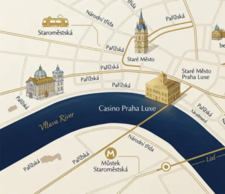 Schéma příjezdu k Fortune Xxa Casino s vyznačením hlavního vstupu a okolních ulic