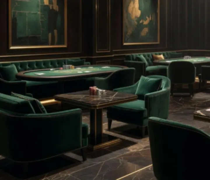 VIP lounge kasina Fortune Xxa se zlatými detaily a ambientním osvětlením